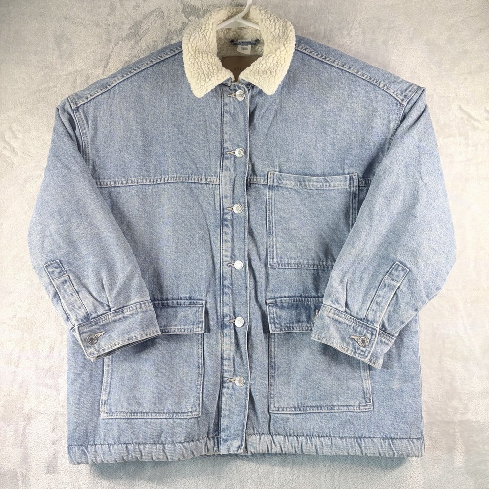Sherpa Lined Denim Chore Coat Oversized Light Wash Snap Front‎ Womens Small